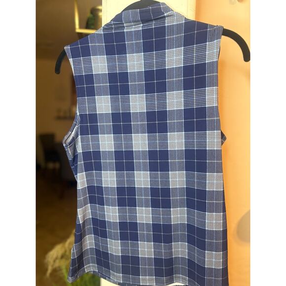 Tahari High Neck Sleveless Blue Plaid Patterned Blouse Size Small 2-8 - Picture 2 of 4